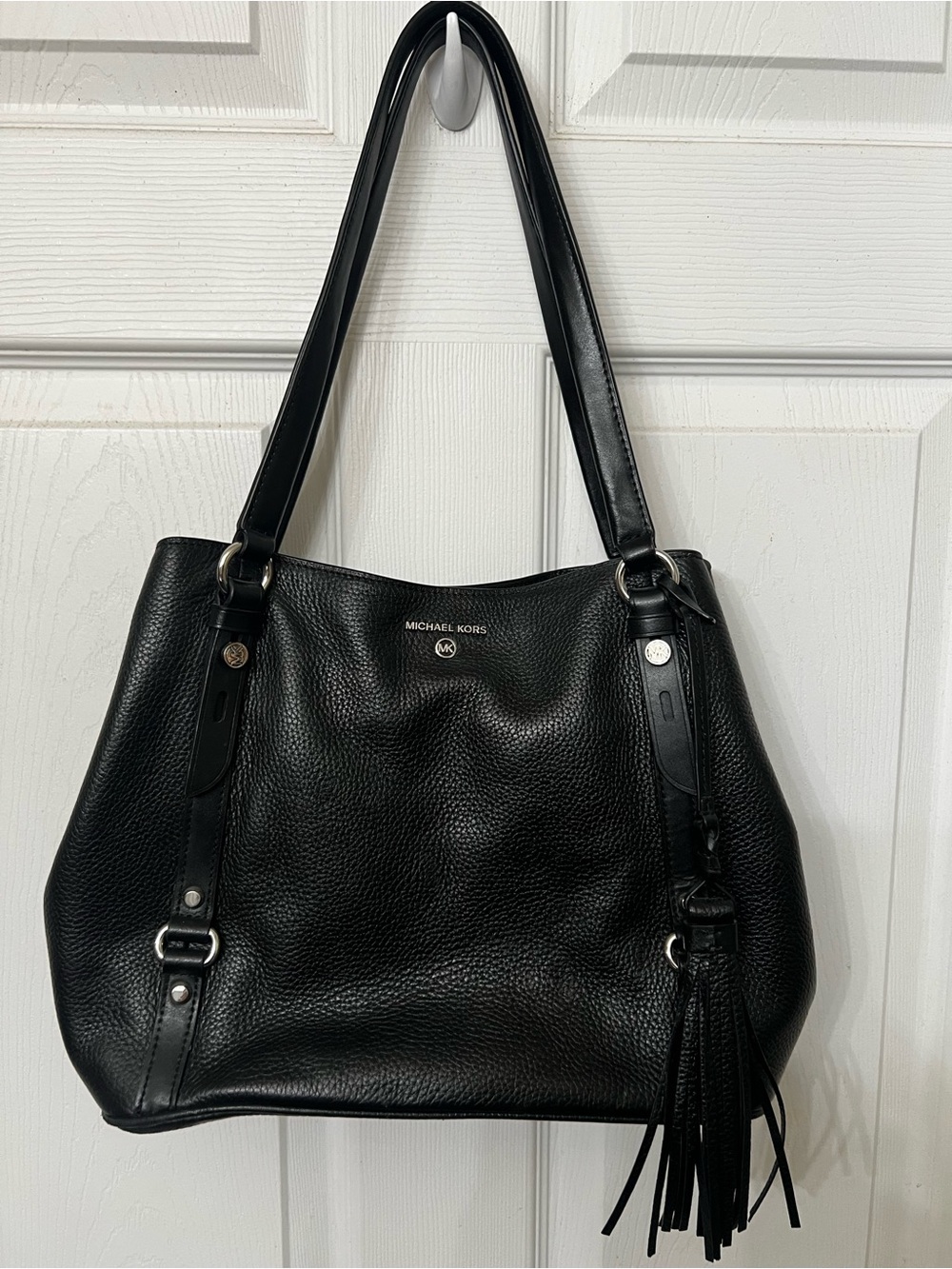 Michael Kors Carrie Large Black Pebbled Leather Shoulder Bag with Tassel